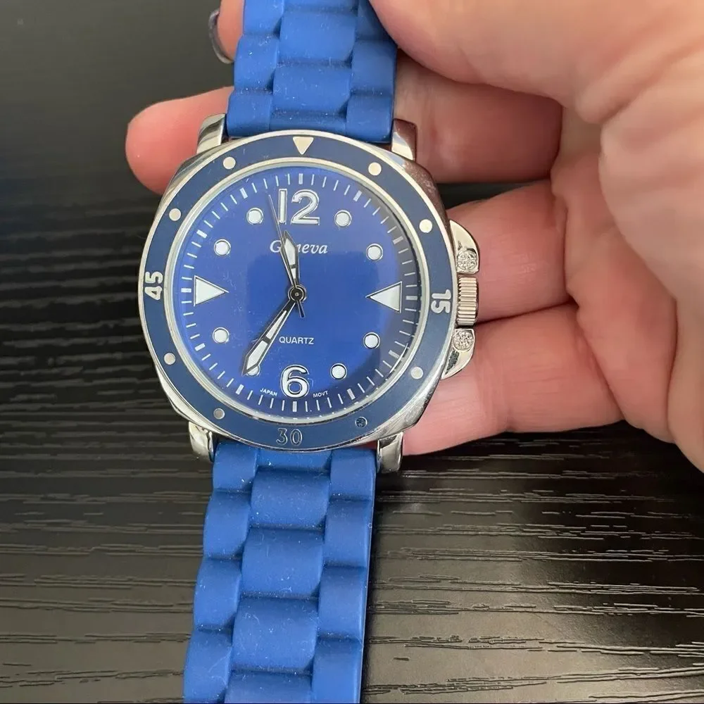 Geneva Rubber Band Silver & Blue Stainless Steel Back Watch